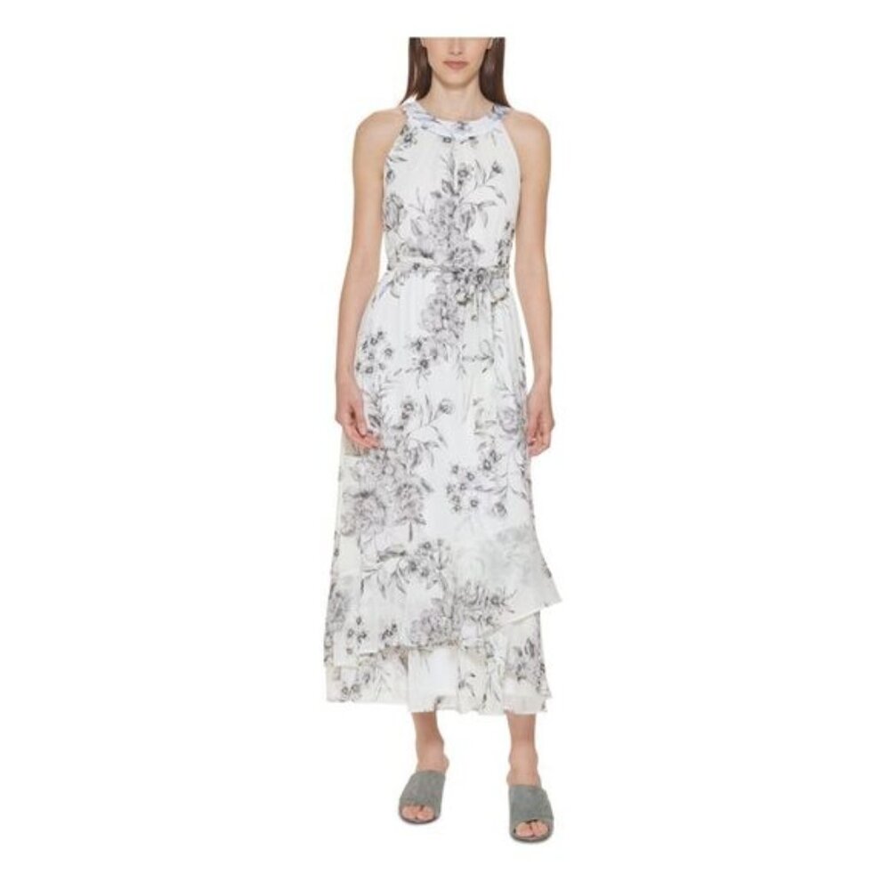 New Calvin Klein Floral Printed Halter Neckline Long Dress Women's Size 6